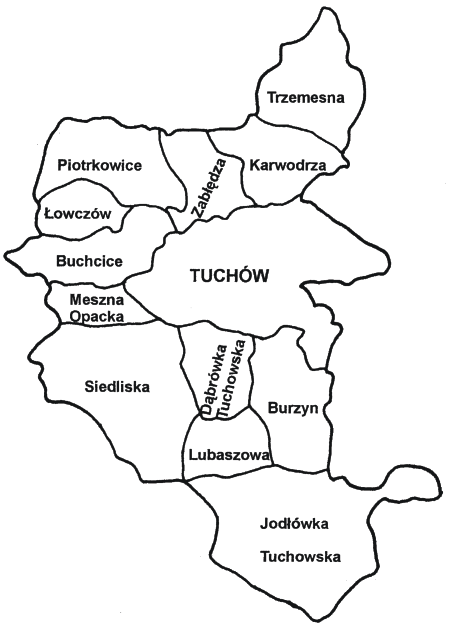 Mapa gminy Tuchów z podziałem na miejscowości, rys. archiwum UM
