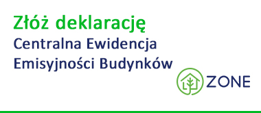 Tekst: Złóż deklaracje Centralna Ewidencja Emisyjności Budynków, Logo: ZONE