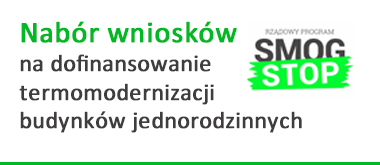 Tekst: Nabór wniosków na dofinansowanie termomodernizacji budynków jednorodzinnych, Logo: SMOG STOP