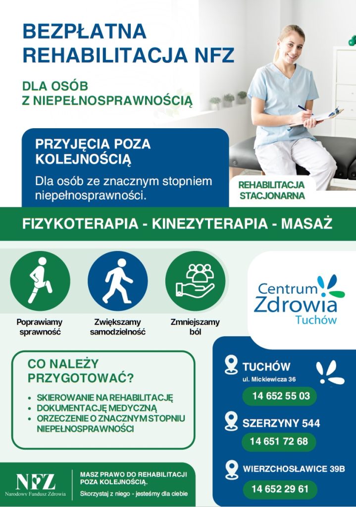 Ulotka dotycząca bezpłatnej rehabilitacji NFZ dla osób z niepełnosprawnością.